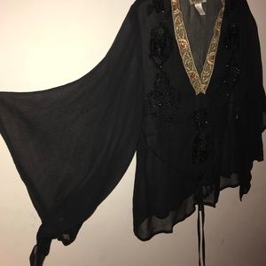 Vintage black beaded blouse, boho fit, v neck